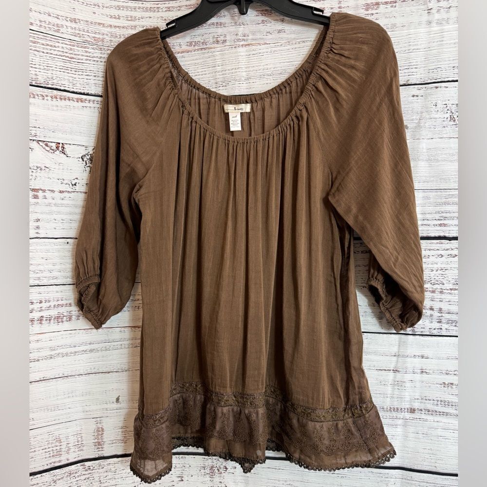 Trinity Top Womens Sz Small Off The shoulder Cotton‎ Silk Brown Boho Embroidered